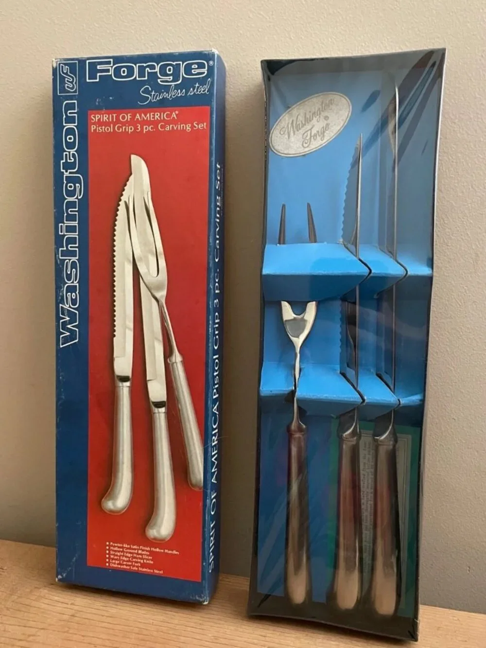 Vintage Washington Forge Spirit of America 3pc Carving Set Pistol Grip NOS